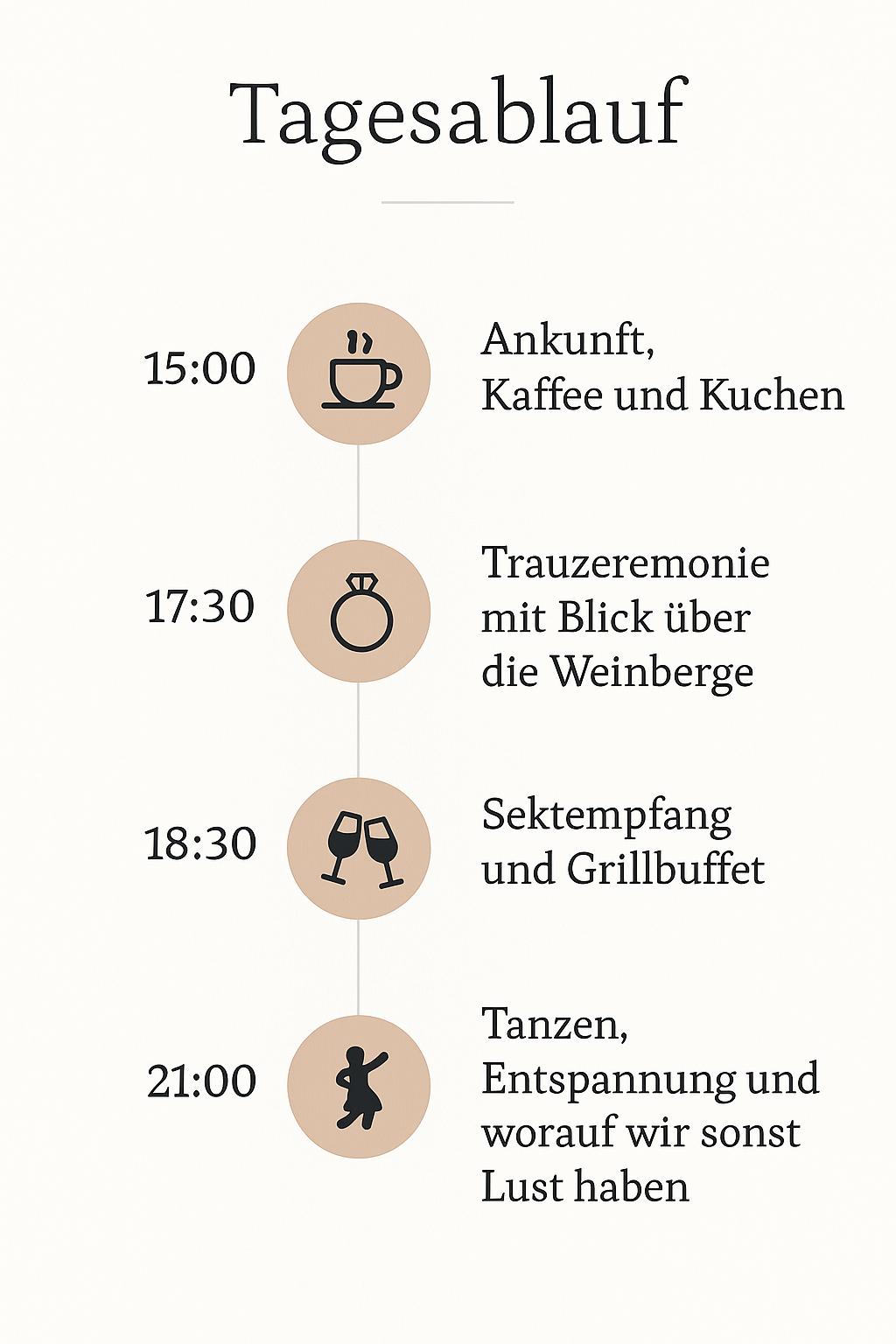 15:00 Ankommen & Kaffee draußen
17:30 Freie Trauung mit Blick über die Weinberge
18:30 Sektempfang und Grillbuffet
21:30 Tanzen, feiern so