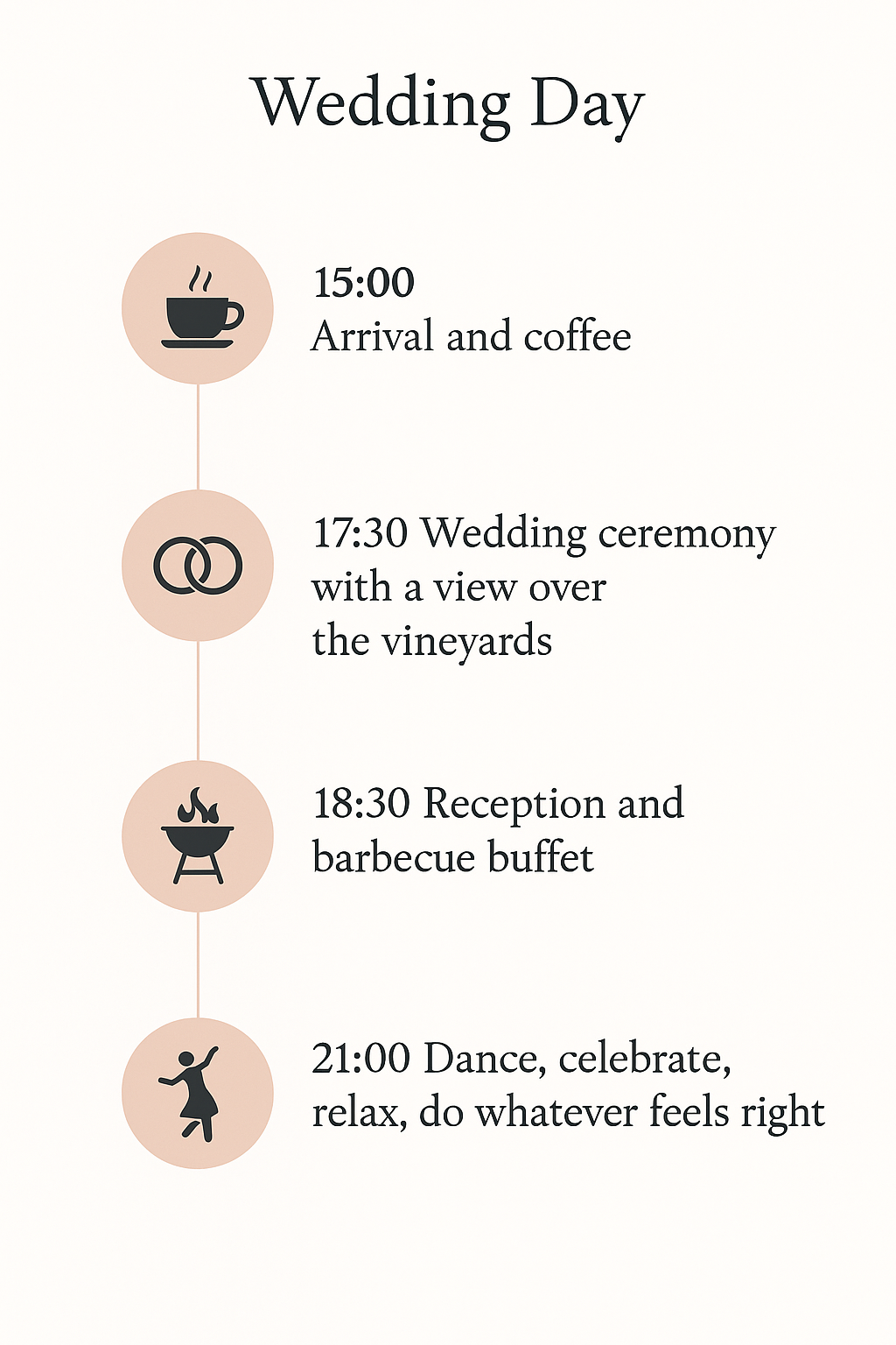 15:00 Ankommen & Kaffee draußen
17:30 Freie Trauung mit Blick über die Weinberge
18:30 Sektempfang und Grillbuffet
21:30 Tanzen, feiern so